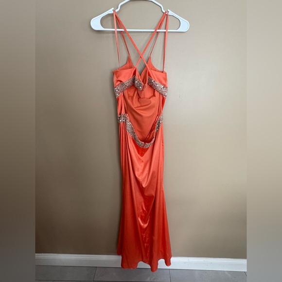 Vintage Sean Couture Y2K Orange/Peach Beaded Prom Dress - Picture 2 of 4